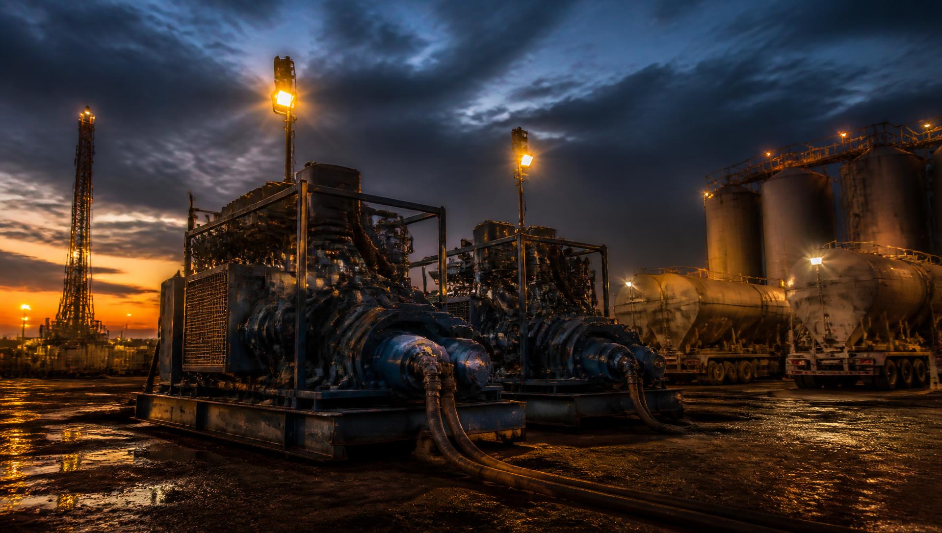 Well services pump skids and engines lined up in an equipment yard